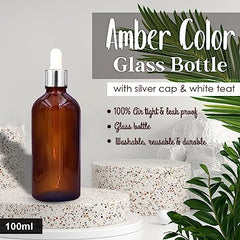 100 ml Amber Round Empty Glass Bottle / Glass Dropper / Silver Colour Ring / White Silicone Teat