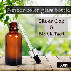 30 ml Amber Round Empty Glass Bottle / Glass Dropper / Silver Colour Ring / Black Silicone Teat
