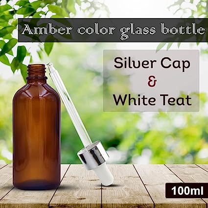 100 ml Amber Round Empty Glass Bottle / Glass Dropper / Silver Colour Ring / White Silicone Teat